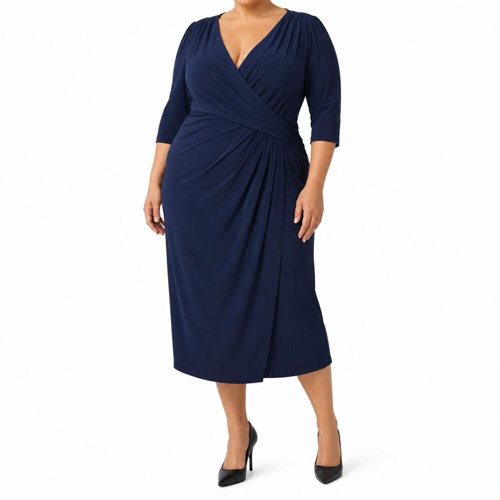 Lauren Ralph Lauren Dress 16 Navy Blue Ruched Faux Wrap Midi Sheath Stretch